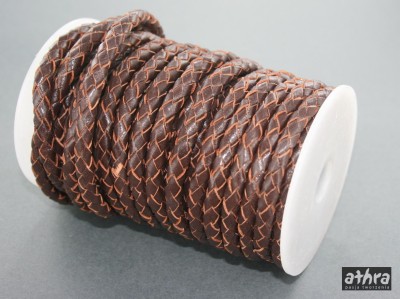 Rzemień skórzany 5mm, niebieski, brązowy pleciony, BROWN50P
